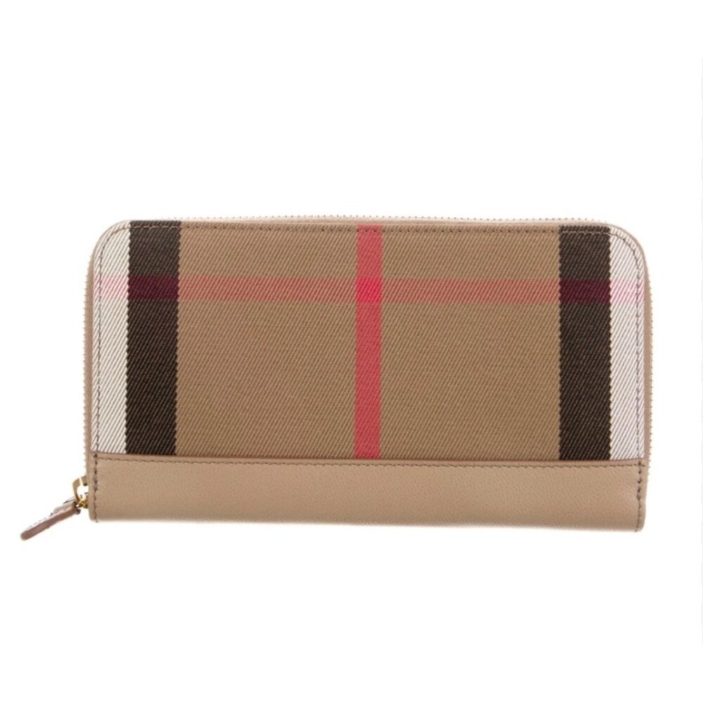 Burberry Large Check Zip Around Grainy Leather Canvas Wallet Chestnut Be…